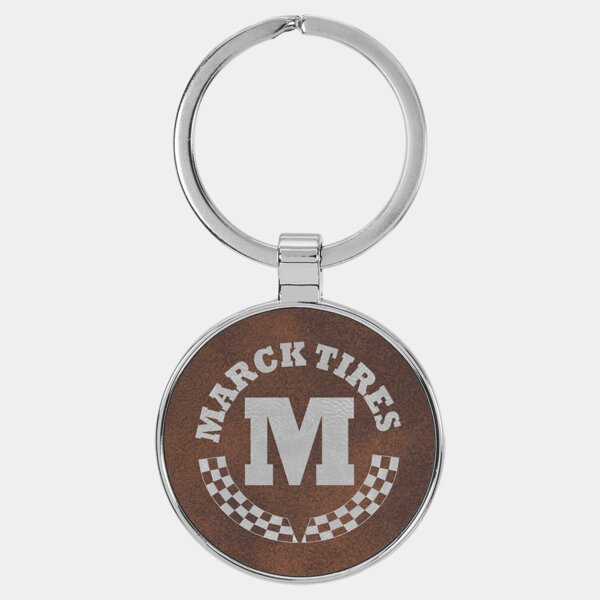 Personalized 1 1/2" Laserable Leatherette/Metal Rustic/Silver Round Keychain Thumbnail