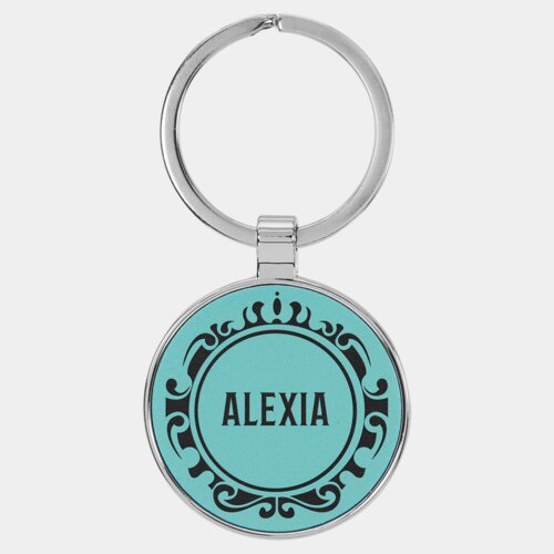 Personalized 1 1/2" Laserable Leatherette/Metal Teal Round Keychain Thumbnail