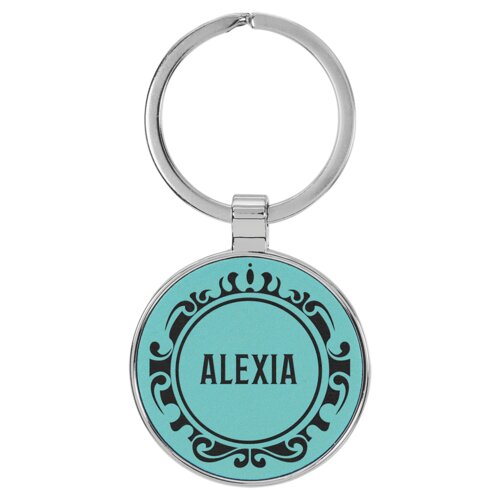 Personalized 1 1/2" Laserable Leatherette/Metal Teal Round Keychain Thumbnail