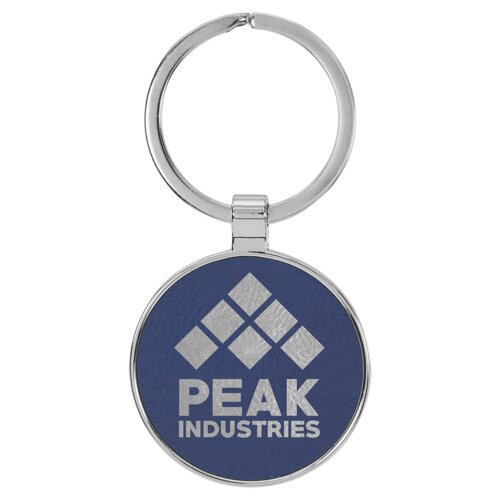 Personalized 1 1/2" Laserable Leatherette/Metal Blue/Silver Round Keychain Thumbnail
