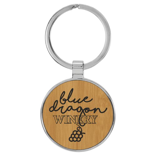 Personalized 1 1/2" Laserable Leatherette/Metal Bamboo Round Keychain Thumbnail
