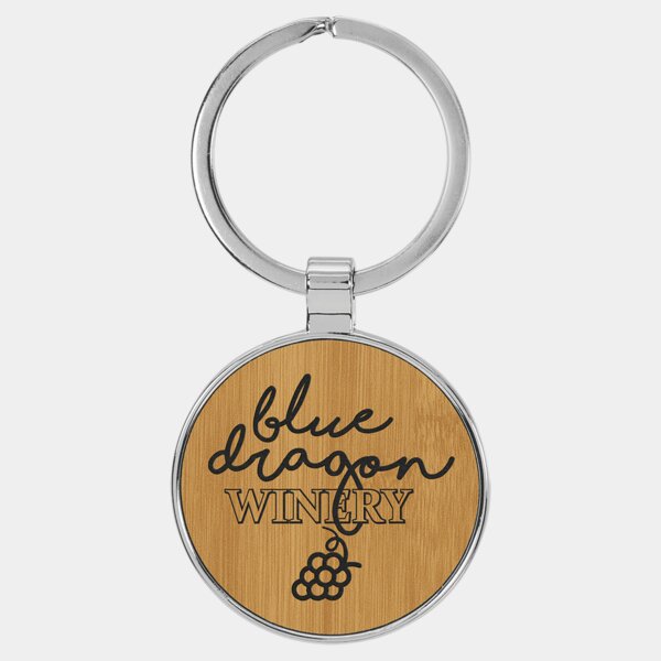 Personalized 1 1/2" Laserable Leatherette/Metal Bamboo Round Keychain Thumbnail