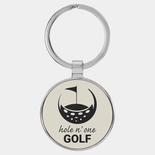 Personalized 1 1/2" Laserable Leatherette/Metal White Round Keychain Thumbnail