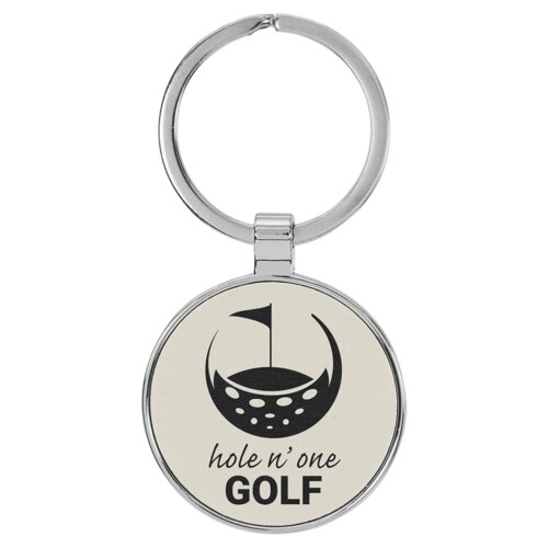Personalized 1 1/2" Laserable Leatherette/Metal White Round Keychain Thumbnail