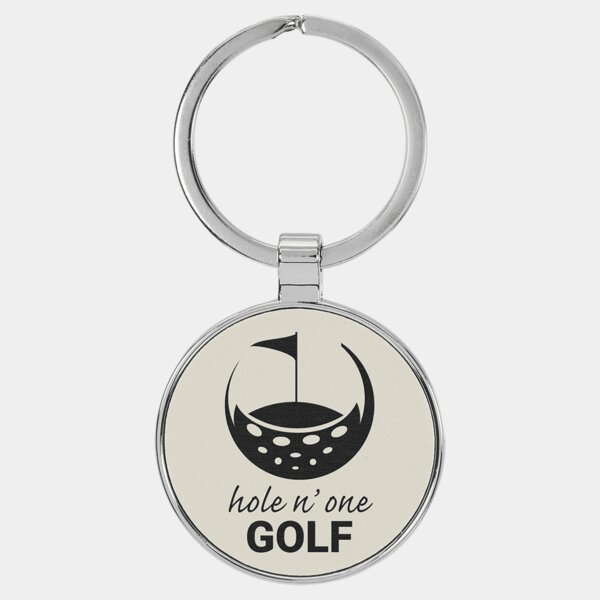 Personalized 1 1/2" Laserable Leatherette/Metal White Round Keychain Thumbnail