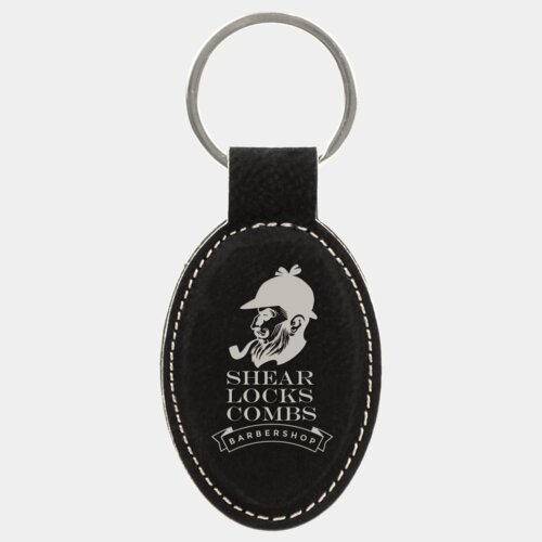 Personalized 3" x 1 3/4" Black/Silver Laserable Leatherette Oval Keychain Thumbnail