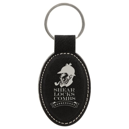Personalized 3" x 1 3/4" Black/Silver Laserable Leatherette Oval Keychain Thumbnail