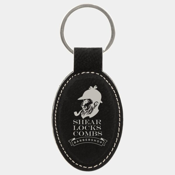 Personalized 3" x 1 3/4" Black/Silver Laserable Leatherette Oval Keychain Thumbnail