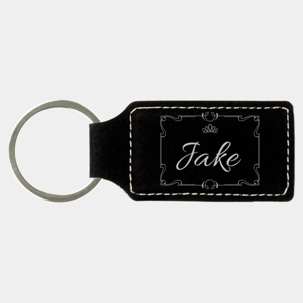 Personalized 2 3/4" x 1 1/4" Black/Silver Laserable Leatherette Rectangle Keychain Thumbnail