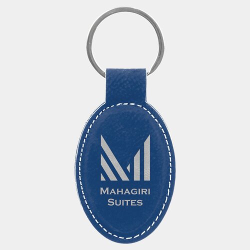 Personalized 3" x 1 3/4" Blue/Silver Laserable Leatherette Oval Keychain Thumbnail