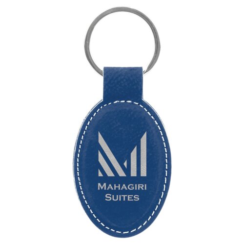 Personalized 3" x 1 3/4" Blue/Silver Laserable Leatherette Oval Keychain Thumbnail