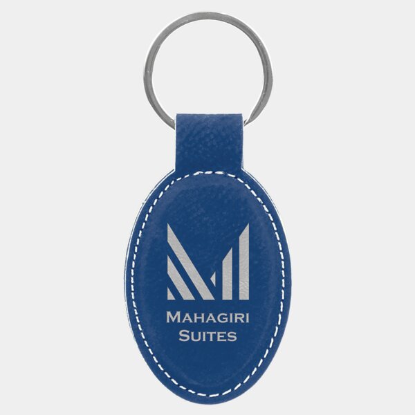 Personalized 3" x 1 3/4" Blue/Silver Laserable Leatherette Oval Keychain Thumbnail