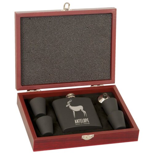 Personalized 6 oz. Matte Black Laserable Stainless Steel Flask Set in Wood Presentation Box Thumbnail