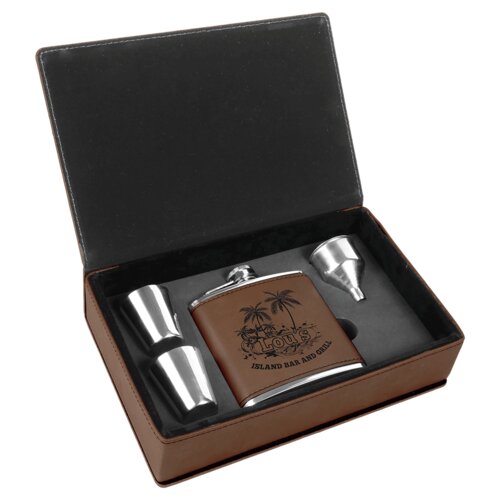 Personalized 6 oz. Dark Brown Laserable Leatherette Flask Gift Set Thumbnail