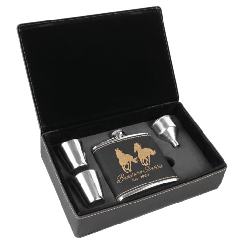 Personalized 6 oz. Black/Gold Laserable Leatherette Flask Gift Set Thumbnail