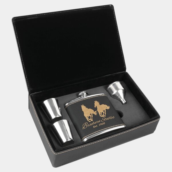 Personalized 6 oz. Black/Gold Laserable Leatherette Flask Gift Set Thumbnail