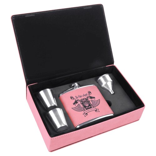 Personalized 6 oz. Pink Laserable Leatherette Flask Gift Set Thumbnail