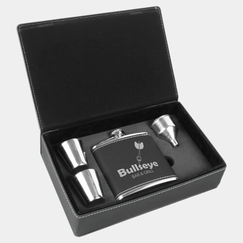 Personalized 6 oz. Black/Silver Laserable Leatherette Flask Gift Set Thumbnail