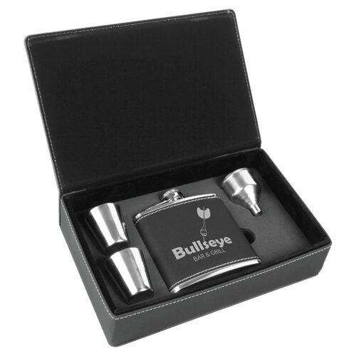 Personalized 6 oz. Black/Silver Laserable Leatherette Flask Gift Set Thumbnail
