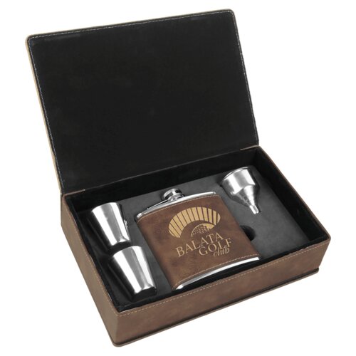 Personalized 6 oz. Rustic/Gold Laserable Leatherette Flask Gift Set Thumbnail