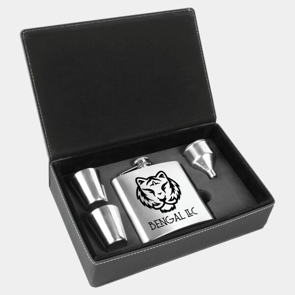 Personalized 6 oz. Stainless Steel Flask Set in Black/Silver Laserable Leatherette Box Thumbnail