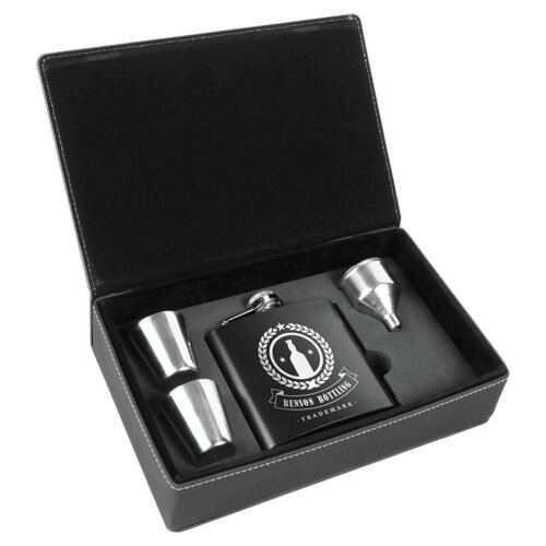 Personalized 6 oz. Black Stainless Steel Flask Set in Black/Silver Laserable Leatherette Box Thumbnail