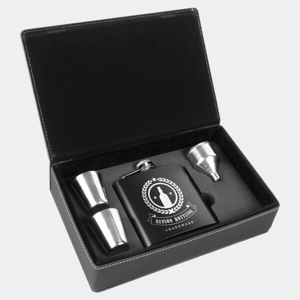 Personalized 6 oz. Black Stainless Steel Flask Set in Black/Silver Laserable Leatherette Box Thumbnail