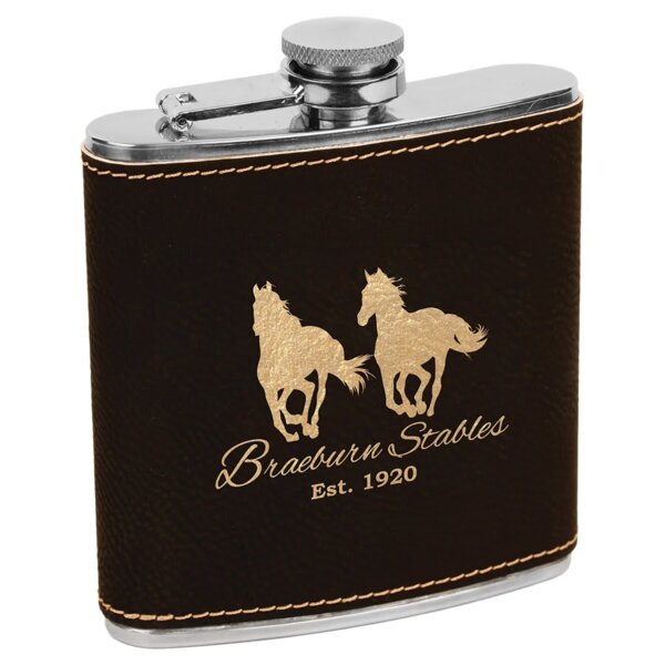 Personalized 6 oz. Black/Gold Laserable Leatherette Stainless Steel Flask Thumbnail
