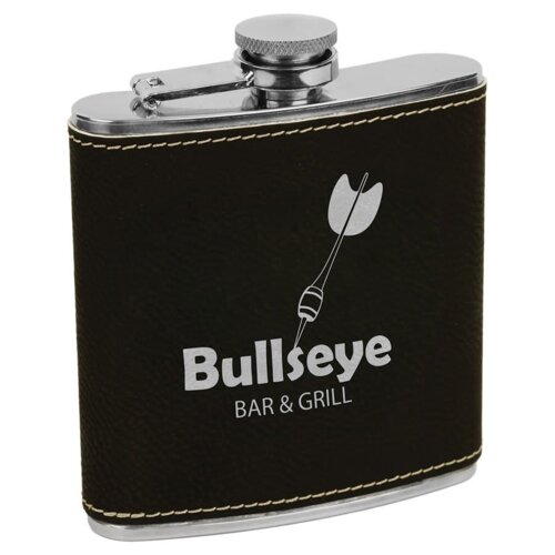 Personalized 6 oz. Black/Silver Laserable Leatherette Stainless Steel Flask Thumbnail
