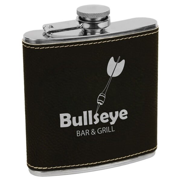 Personalized 6 oz. Black/Silver Laserable Leatherette Stainless Steel Flask Thumbnail