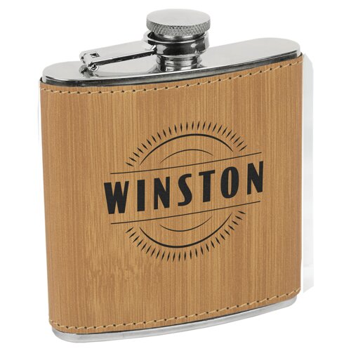 Personalized 6 oz. Bamboo Laserable Leatherette Stainless Steel Flask Thumbnail