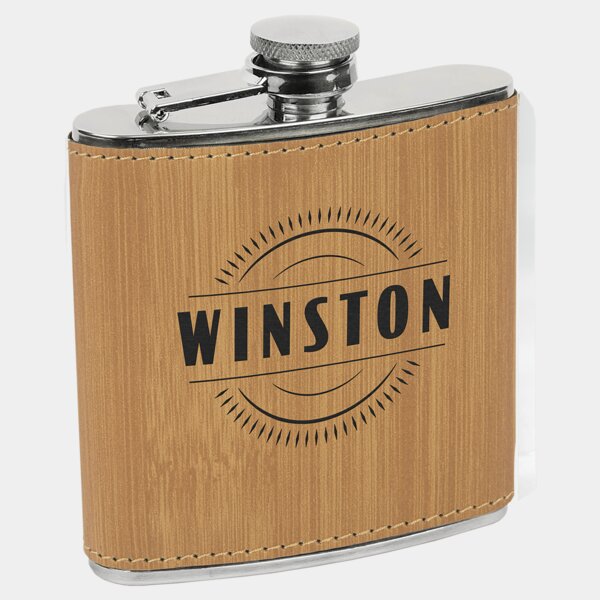 Personalized 6 oz. Bamboo Laserable Leatherette Stainless Steel Flask Thumbnail