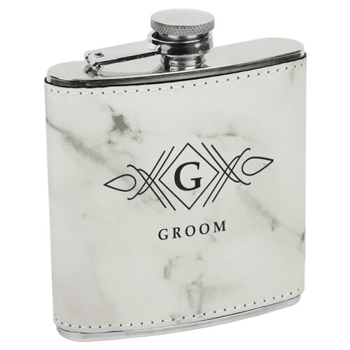 Personalized 6 oz.White Marble Laserable Leatherette Stainless Steel Flask Thumbnail