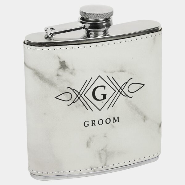 Personalized 6 oz.White Marble Laserable Leatherette Stainless Steel Flask Thumbnail