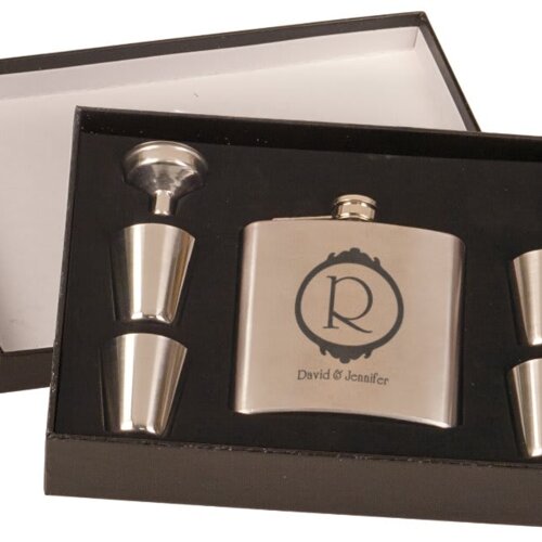 Personalized 6 oz. Stainless Steel Flask Set in Black Presentation Box Thumbnail