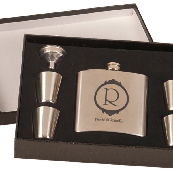Personalized 6 oz. Stainless Steel Flask Set in Black Presentation Box Thumbnail