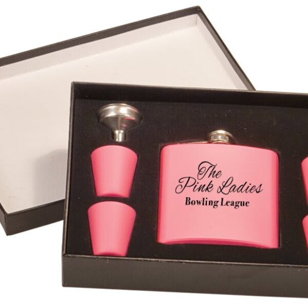 Personalized 6 oz. Matte Pink Flask Set in Black Presentation Box Thumbnail
