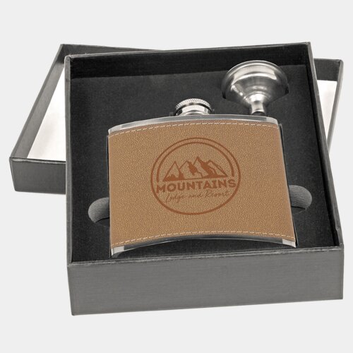 Personalized 6 oz. Leather Flask Set in Black Presentation Box Thumbnail