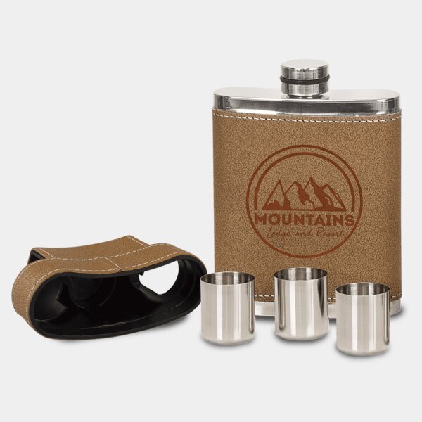 Personalized 7 oz. Leather Flask with Lid & 3 Shot Glasses Thumbnail