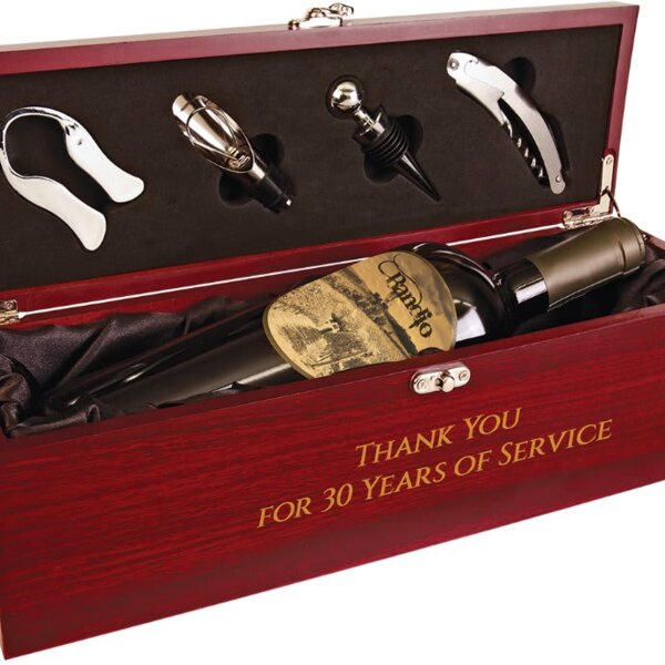 Personalized Rosewood Finish Single Wine Box with Tools & Black Lining Thumbnail