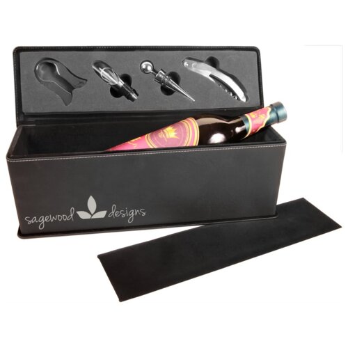 Personalized Black/Silver Laserable Leatherette Single Wine Box with Tools Thumbnail