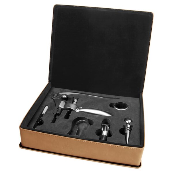 Personalized Light Brown Laserable Leatherette 5-Piece Wine Tool Gift Set Thumbnail