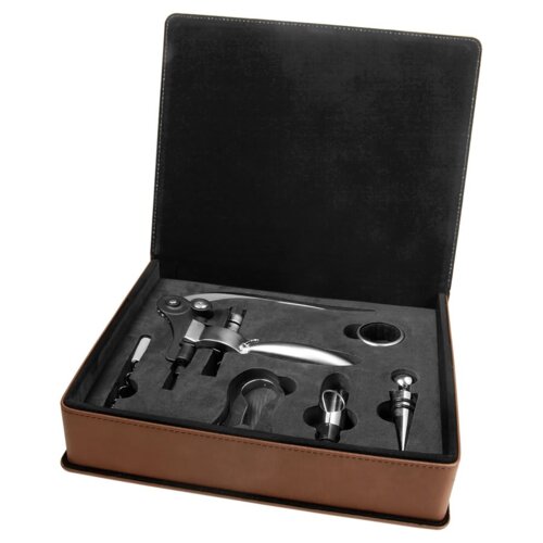 Personalized Dark Brown Laserable Leatherette 5-Piece Wine Tool Gift Set Thumbnail
