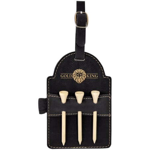Personalized 5" x 3 1/4" Black/Gold Laserable Leatherette Golf Bag Tag with 3 Wooden Tees Thumbnail