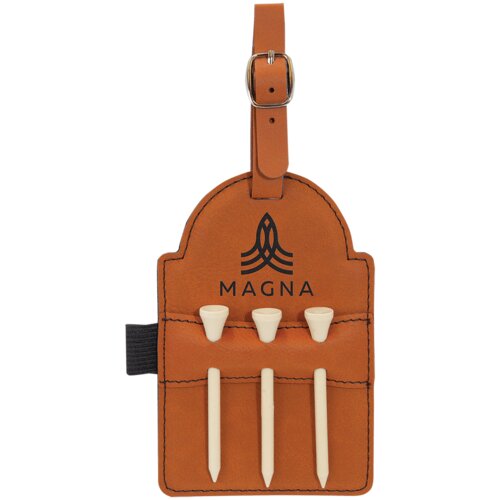 Personalized 5" x 3 1/4" Rawhide Laserable Leatherette Golf Bag Tag with 3 Wooden Tees Thumbnail