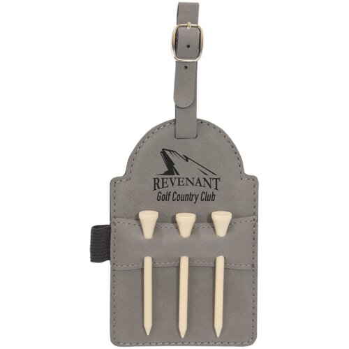 Personalized 5" x 3 1/4" Gray Laserable Leatherette Golf Bag Tag with 3 Wooden Tees Thumbnail