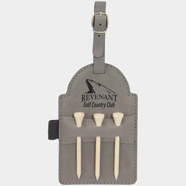 Personalized 5" x 3 1/4" Gray Laserable Leatherette Golf Bag Tag with 3 Wooden Tees Thumbnail