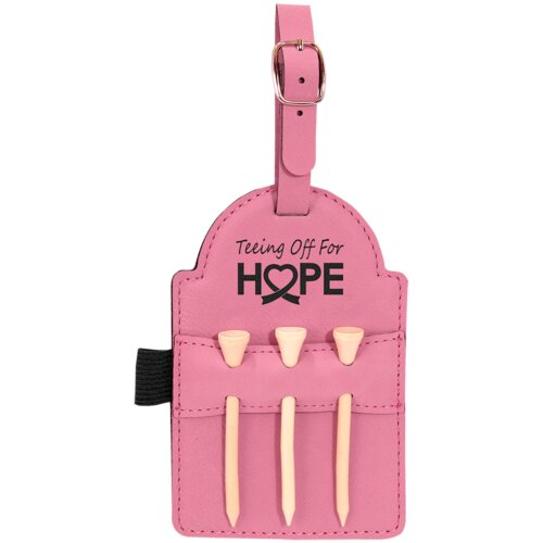 Personalized 5" x 3 1/4" Pink Laserable Leatherette Golf Bag Tag with 3 Wooden Tees Thumbnail
