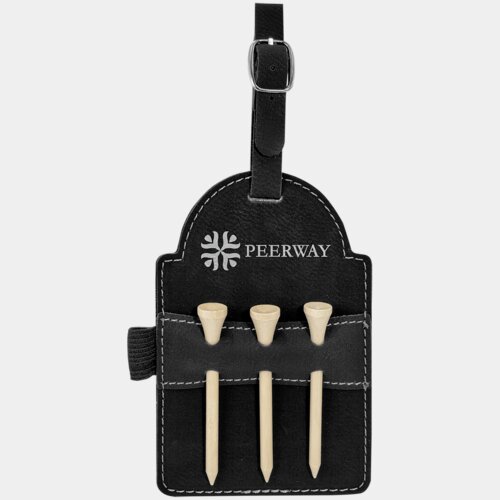 Personalized 5" x 3 1/4" Black/Silver Laserable Leatherette Golf Bag Tag with 3 Wooden Tees Thumbnail