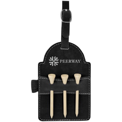 Personalized 5" x 3 1/4" Black/Silver Laserable Leatherette Golf Bag Tag with 3 Wooden Tees Thumbnail